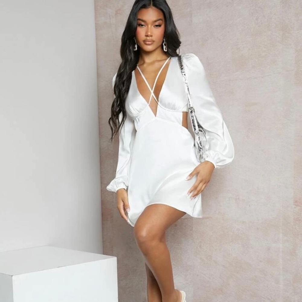 Crisscross plunging neck lantern sleeve cut out waist satin dress